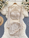 Yipinpay American Sexy Suits Hollow Out Long Sleeve Halter Mini Top+Slim Bodycon Skirt 2024 Y2K Summer Beach Style Knitted Sets