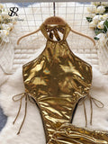 Yipinpay Halter Backless Sexy Playsuits 2024 Women Drawstring Slim Top+Mini Skirt Shiny Bodysuits Sensual Beach Two Pieces Sets