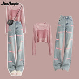 Yipinpay Women's 2024 Summer New Jeans Matching Set Korean Elegant Strap Blouse Letter Denim Pants Three Piece Female Chic Trousers Suit