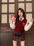 Yipinpay Preppy Style Suit Women's Autumn Red Knitted Cardigan Tank Top Long-sleeve Shirt Plaid Mini Skirt Fashion Three-piece Set