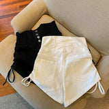Yipinpay Straps Overalls Shorts Women Fashion Drawstring Jumpsuit High Waist Slim Jeans 2024 Summer Leg Wide Leg Hot Pants