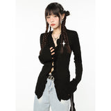 yipinpay Women Black Cardigan Sweater Star Embroidery Irregular Outerwear V-neck American Fashion Lazy Wind Winter Thin Knitting Coat