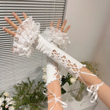 Yipinpay Women's Y2K 2000s Fingerless Gloves Cross Tie-up Elbow Length Arm Warmers Sleeves Lolita Costume Accessories