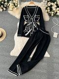 Yipinpay Fashion Sweater Two Pieces Sets Ladies Long Sleeve Knit Cardigan+Wide Leg Long Pant Sets Women OL Loose Knitted Suits