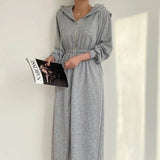 Yipinpay Hooded Zip Sweatshirt Dress Long Casual Cloth 2023 Dress for Women Wild Black Grey High Waist Swing Maxi Sweater Vestidos