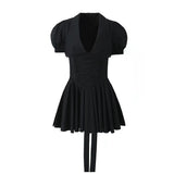 Yipinpay Sweet Women Lace Trim Peter Pan Collar Cotton Black Dress Vintage Puff Sleeve With Belt Ladies Party Mini Dresses Summer