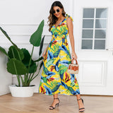 Yipinpay European and American New Large Size Fashion Sleeveless Bow Sling Printed Big Swing Beach Skirt Dress Women