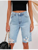 Yipinpay New Women's Summer Ripped Denim Shorts Fashion High Elastic Slim Knee Length Jeans Shorts S-2XL Drop Shipping