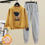Yipinpay Women's Fashion Plush Sweater Tracksuits 2 Piece Set 2024 Winter Warm Loose Fake Two-piece Pullover Top + Pants Sportswear Suit