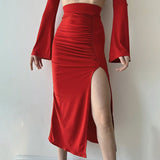 Yipinpay Women Ruched Long Skirt Adults Slim-Fit High Waisted Solid Color Slit Skirt Red Black Club Street Style Fashion Hot S M L