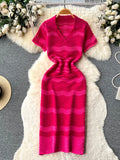 Yipinpay Short Sleeves Striped Long Dress Lapel Neck Hollow Out Slim Bodycon Sundress Fashion Hotsweet Knitted Beach Midi Dress