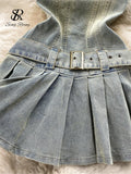 Yipinpay Off the Shoulder Sexy Denim Dress 2024 Strapless Sashes Patchwork Bodycon Dress Ladies Ins Streetwear Short Sundress