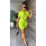 Yipinpay Women's Two-Piece Short-Sleeved Lapel Shirt And Slim Shorts Set Solid Color Spring/Summer Ladies 2-Piece Suit