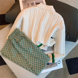 Yipinpay Twist Sweater Single Breasted Knitted Cardigan Coat Lapel + Wide Leg Green Checkerboard Pants Sweatpants 2sets
