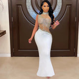 Yipinpay Shiny Sexy Diamond Dress Round Neck Long Sleeves Elegant Mesh Rhinestone Dress Gorgeous Party Dresses For Women