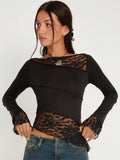Yipinpay MO Lace Patchwork Long Sleeve Pullover Women Tops Elegant Skinny Tee Shirt Slim T-Shirts Clothes 2023 Summer New