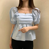Yipinpay Blue Square Casual Loose Short Sleeve Shirts Pleated Blusa Feminina Puff White Doll T-shirts Y2k Shirts for Women New