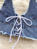 Yipinpay High Quality Denim Sets Fashion Sleeveless Backless Halter Short Tank+Cross Lace up Sensual Shorts Women Sexy Suits