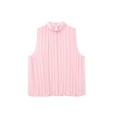 Yipinpay Pleated Chiffon Blouses Women Sleeveless Pink Top Female Loose Summer Blouses Woman 2023 Fashion Elegant Chic Woman Top