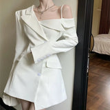 Yipinpay Chic Fashion Elegant Temperament Off Shoulder Dresses Spring 2023 Irregular Slim Button Up Blazer Vestidos Mujer Dress