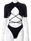 yipinpay Out Bodysuit Short Sleeve T Shirts Women Bandage Crop Top Party Sexy Outfit Slim Solid Summer Bodysuits Streetwear Black Top