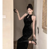 Yipinpay Hot Girl Retro Long Dress Children's Autumn Elegant Velvet Embossed Pearl Chain Cheongsam Dress Fashion Female Clothes