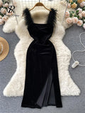 Yipinpay Strap Split Sexy Long Dress Ladies 2024 Strapless Slim Velvet Sheath Backless Bodycon Party Midi Dress