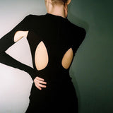 Yipinpay Cyber Gothic Grunge Women Mini Dresses Dark Punk Y2k Bodycon Long Sleeve Summer Dress Black Sexy Hollow Out Clubwear