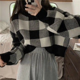 Yipinpay Crop Contrast Check Sweater Women Sueter Mujer Casual Knit Outwear Top 2023 Shirts for Women Blue Plaid Sweaters