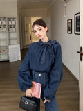 Yipinpay Denim Shirts Women Bow Bandage Puff Long Sleeve O Neck Button Vintage Fashion Ladies Blouse Elegant Tops Casual