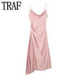 Yipinpay Pink Slip Long Dress Women Backless Satin Dress Woman Asymmetric Evening Party Dresses For Women 2023 Sexy Summer Dresses