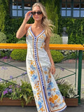Yipinpay A-line Floral Print Long Dress Women 2024 Summer Sleeveless Backless Maxi Dresses Female Chic Vacation Beach Lady Robes