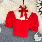 Yipinpay Korean Style Shirt For Women Sweet Square Neck Puff Short Sleeve All-Matched Pullover Shirt Femal Fashion Slim Short Top