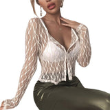 Yipinpay New Women Sexy Lace Tops Adults See-Through Long Sleeve Round Neck Button Down Cardigan Black White Hot Sale S-XL