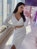 Yipinpay V-Neck Crop Top ANd Midi Skirt Sets Autumn Wrap Slim Bodycon Casual 2 Piece Sets Dress Outfits Women's Knitted Suit 2024