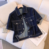 Yipinpay Blue Short Sleeve Denim Jacket For Women Spring/Summer Lapel Single Breasted Korean Loose All-Match Short Casual Top