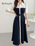 Yipinpay Chic French Korean Single-breasted Midi Dress Women Sashes Elegant Short Sleeve Office Ladies Shirt Dresses Khaki Blue