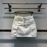 Yipinpay New Korean Fashion Large Pocket A-line Denim Skirt Women Spicy Girls High Waist Anti Glare Half White Short Skirt