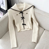 Yipinpay Color Knitted Sweater Woman Korea Fashion Y2k Crop Tops Long Sleeve Basic Elegant Pullover Bow Design Casual 2024 Autumn