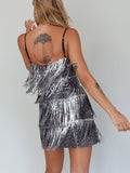 Yipinpay Fashion Womens Summer Casual Sling Dress Silver Sleeveless Backless Sequins Tassel Dress Club Street Style Hot Sale S-XL