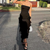 Yipinpay Ruffle Strapless Dress Summer Women Sexy Split Slim Fringe Dresses Elegant Sleeveless Backless Vacation Club Party Outfits