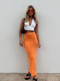 Yipinpay Vintage 90s Straight Long Skirt Women Y2K Sexy Solid Slim Elastic Waist Pencil Maxi Skirt 2000s Aesthetic Streetwear