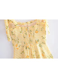 Yipinpay 2024 Women Plaid Lemon Print Yellow Sling Short Dress Vintage Ladies Summer A-line Chiffon Dress French Style Vestido