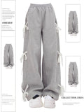 Yipinpay Women's Grey Lace Lace-up Pants Vintage Y2k Harajuku 90s Aesthetic Sweatpants Retro High Waist Wide Trousers 2000s Clothes 2024