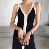 Yipinpay Spring Contrast Sexy V Neck Temperament Black Camisole Dress Maxi Knitted Long Vestidos Femininos Sleeveless Sweater