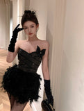 Yipinpay Girl Sexy Hot Diamond Slim Fit Lace-up Dress Women's Autumn/Winter Spliced Feather Strapless Bottom Dress Female Clothes