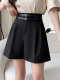 yipinpay Casual Suit Shorts Women With Double Belt Loose Wide Leg Short Pants Female OL Pockets Street High Waist Shorts Ladies