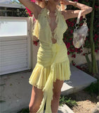 Yipinpay Sexy Women Sleeveless Halterneck Dress Summer Ruffled Flower Ruched Cocktail Party Dress With Tassels For Club Streetwear