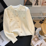 Yipinpay Knitted Cardigan Sweater Luxury Diamond O-Neck Long Sleeve Top Women's Autumn Winter Korean Soft Comfort Coat