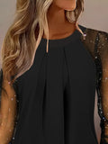 Yipinpay Women's Boho Blouses Autumn Long Sleeve Fashion Folds O-neck Lace Patchwork Loose Shirt For Women Black Tops New Office Clothing